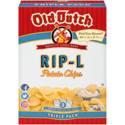 Natural flavors + colors. Per Serving Size: 160 calories; 1 g sat fat (5% DV); 135 mg sodium (6% DV); 0 g total sugars. Gluten free. 3 perfect portion foil packs. Keep your chips ready to go when you are! This handy triple pack box contains three 5-oz. Old Dutch portion control packs. Each has 5 servings, just right for a great snack or lunch for the family great portion control one Old Dutch pack at a time. Open a pack today, still have a fresh unopened pack for tomorrow. Always enjoy that extra-irresistible, just-opened-a-pack taste. Our signature boxes also make it easy to pack and protect your favorite Old Dutch chips for picnics or weekends at the cabin. Quality lives here: We are proud to say that quality lives here, within each and every one of our products. Here's why. Old Dutch potato chips are made with clean, simple ingredients featuring the benefits of being gluten free and kosher, with no MSG added, and nothing artificial. Of course, as you know freshness is always guaranteed. Did you know? No MSG. olddutchfoods.com. Facebook. Twitter. Instagram. Facebook: facebook.com/olddutchfoodsUS. Twitter: twitter.com/olddutchfoodsUS. Instagram: instagram.com/olddutchfoodsUS. Want to know more? Visit our website at olddutchfoods.com and join us socially on, facebook, instagram, twitter Carton made from 100% recycled paper minimum 85% post-consumer content Quality Lives Here... We are proud to say that quality lives here, within each and every one of our products.
Here's Why... Old Dutch potato chips are made with clean, simple ingredients featuring the benefits of being gluten free and Kosher, with no MSG added, and nothing artificial. Of course, as you know... freshness is always guaranteed.; Keep your chips ready to go when you are! This handy Triple Pack box contains three 5-oz. Old Dutch Portion Control Packs. Each has 5 servings, just right for a great snack or lunch for the family

 Great portion control--one Old Dutch Pack at a time.

 Open a pack today, still have a fresh unopened pack for tomorrow.

 Always enjoy that extra-irresistible, just-opened-a-pack taste.
Our signature boxes also make it easy to pack and protect your favorite Old Dutch chips for picnics or weekends at the cabin.