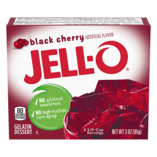 Artificial flavor. 80 calories per 1/4 packages. No artificial sweeteners. No high fructose corn syrup. 4-1/2 cup servings. jell-o.com.