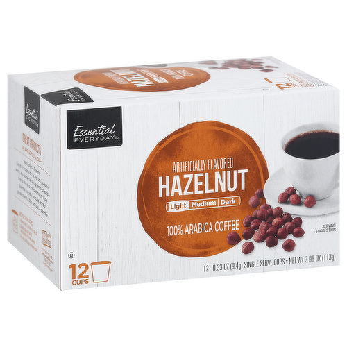 Artificially flavored hazelnut. Artificially flavored hazelnut, light, medium, dark. 100% Arabica coffee. Great products at a price you'll love: that's Essential Everyday. Our goal is to provide the products your family wants, at a substantial savings versus comparable brands. We're so confident that you'll love Essential Everyday, we stand behind our products with a 100% satisfaction guarantee. 12 cups. 100% Quality guarantee. Like it or let us make it right. That's our quality promise. 855-423-2630. essentialeveryday.com. essentialeveryday.com. Carton Made from 100% Recycled Paperboard Minimum 35% Post-Consumer Content Please Recycle. Recyclable cups (recycle cups in 3 steps: 1. Allow at least 2 minutes to cool cup 2. Carefully peel off foil lid and dispose of lid and contents 3. Recycle plastic cup where accepted). see side panel for details this product is not affiliated with keurig, incorporated.