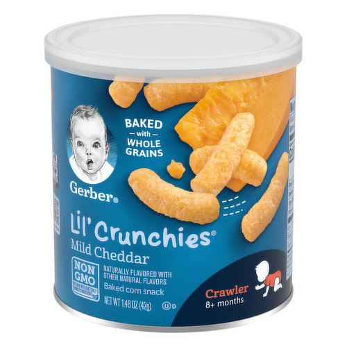 Crawler. Naturally flavored with other natural flavors. No artificial flavors. 2 g of whole grains per serving. 2 essential nutrients: vitamin E and iron. Non GMO. Not made with genetically engineered ingredients. Baked with whole grains. The good stuff. Oven baked. No synthetic colors. Your baby may be ready for Lil' Crunchies snack if they: crawl with stomach off the floor; Begin to self-feed with fingers; Begin to use jaw to mash food. Make every little bite count. Dissolves easily and encourages self feeding. This package is sold by weight, not by volume, and may not appear full due to settling of contents. how2recycle.info. MyGerber.com. Learn more. We're awake when you are. Head to MyGerber.com to meet Dotti, your on-call personal baby expert. Or call us anytime: 1-800-4-Gerber. For Spanish: 1-800-511-6862.
