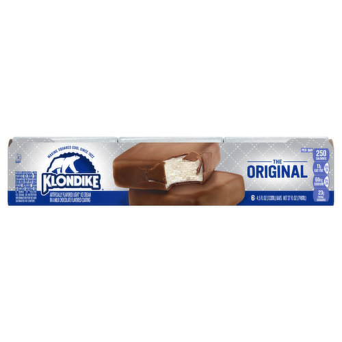 The Klondike Original Ice Cream & Frozen Dessert Bar is a huge hunk of Klondike's signature creamy vanilla ice cream covered in a thick, chocolate shell. It’s simple, classic perfection, the best thing to happen to desserts since the invention of dessert. One bite is enough to take you to frozen dessert heaven with these ice cream bars. 

You know it’s the original Klondike Ice Cream Bar & Frozen Dessert when you open that silver foil and hear the “crack” as you bite into its chocolatey shell, which holds in all of that delicious, creamy goodness. You can enjoy the delightful wonders of a Klondike Ice Cream & Frozen Dessert Bar anytime and anywhere, without needing a spoon or bowl. 

Take the time to treat yourself to a frozen treat. We know that life isn’t always as easy as it should be, so reward yourself for doing that thing you just did with a simple dessert. Klondike supports you! You can enjoy a Klondike Original Ice Cream & Frozen Dessert bar as a special treat or as a snack to help you relax. 

Try Klondike frozen treats in 14 flavors for unlimited deliciousness. All our treats are coated in a rich chocolatey shell and made with high-quality ingredients. Klondike Original Ice Cream & Frozen Dessert Bar is certified as a kosher ice cream by KOF-K Kosher Supervision, one of the world's leading certification and supervision agencies.