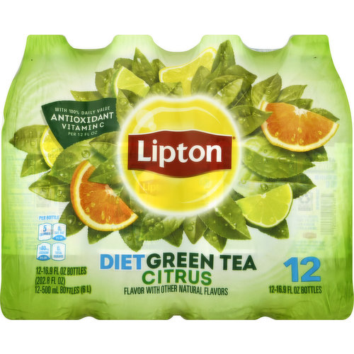 Flavor with other natural flavors. Per Bottle: 5 calories; 0 g sat fat (0% DV); 180 mg sodium (8% DV); 0 g total sugars. Low calorie. With 100% daily value antioxidant vitamin C per 12 fl oz. Caffeine Content: 22mg/16.9 fl oz. No high fructose. Corn syrup. No HFCS. how2recycle.info. We're here to help. LiptonTea.com or 800.657.3001.