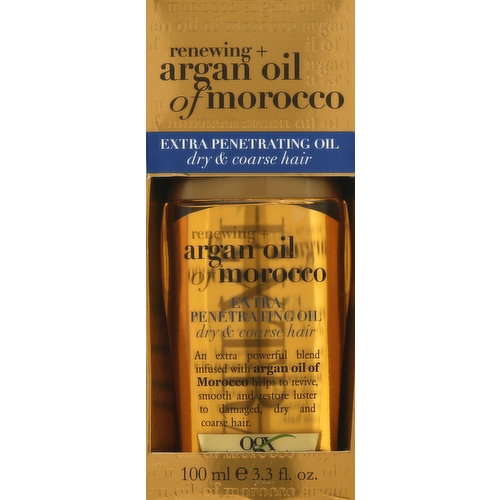 Vegan. Renewing + argan oil of Morocco. Dry & coarse hair. Extra strength penetrating oil. Why You Want It - This exotic, precious blend with argan oil of Morocco, specially formulated for coarse hair, helps to penetrate, moisturize, revive and create softness harmful styling heat and UV damage. Discover smooth, sext tresses.  ogxbeauty.com. Questions? ogxbeauty.com. Not tested on animals. Reduce, reuse, recycle. Made in USA.