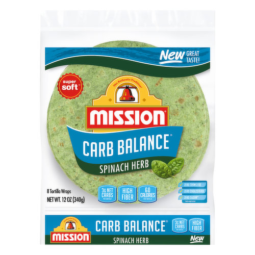 Mission Carb Balance Tortilla Wraps, Super Soft, Spinach Herb