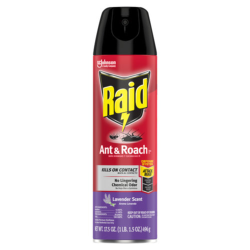 Kills on contact. No lingering chemical odor. Defense System: Attack Bugs (Use to kill ants, roaches and other listed bugs on contact. Avoid spraying near baits to make sure bugs can bring the bait back to where they hide); Control Bugs (Use a Raid Ant or Roach Bait product to kill ants or roaches where they hide. For heavy infestations, first use a Raid Fogger or Fumigator product and then place baits to provide ongoing control. Read the label to find the right product for your bug problem); Prevent Bugs (Use a Raid Max Bug Barrier product to keep ants, roaches and other listed bugs out. Or, spray this product along baseboards, inside cracks, and behind appliances. Do not spray surfaces with more than one pest control product. Read the label to find the right product for your bug problem). A family company since 1886 - Fisk Johnson. Defense System: Helps you work smarter, not harder, to fight bugs. Use This Product To: Attack Bugs: Kill bugs on contact. Use Other Raid Products To: Control Bugs: Kill bugs at the source. Prevent Bugs: Keep bugs out. Raid Ant & Roach Killer 26 kills roaches in two ways: (1). It kills bugs fast-on contact and (2). It keeps on killing with residual action indoors even after you spray, for up to 4 weeks (Roaches and carpenters ants). No CFCs: Contains no CFCs or other ozone depleting substances. Federal regulations prohibit CFC propellants in aerosols.