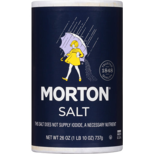 Non GMO. Trusted quality 1848. This salt does not supply iodide, a necessary nutrient. Morton Salt is staple in kitchens across America, because it is the perfect choice to unlock the delicious, natural flavors in food. Use this all-purpose salt for all of your cooking and baking needs - and for seasoning at the table. Choosing the right grain size can make a big difference in your meals! Fine: Best for blending & baking. Coarse: Best for finishing & adding texture. At Morton Salt, we're on a mission to (hashtag)erasefoodwaste. After all, preserving food comes naturally to us. Let's take a bite out of food waste together. www.MortonSalt.com. how2recycle.info. (hashtag)erasefoodwaste. Facebook.com/MortonSalt. Instagram(at)mortonsalt. Questions? Call 1-800-789-Salt (7258). Get our recipes, tips and tricks at www.MortonSalt.com. Did you know that it's important to have more than one type of salt in your kitchen? Try Morton Kosher Salt, Sea Salt and Pink Salt in fine and coarse grains. Made in U.S.A.