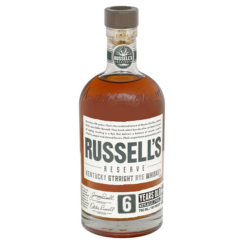 Russells Reserve Whiskey, Rye, Kentucky Straight, Reserve, 6 Years Old