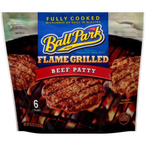 Ball Park Ball Park Fully-Cooked Flame Grilled Original Beef Patties, Frozen, Resealable Package, 6 Count