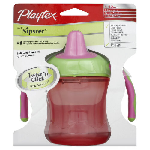 100% spill proof, leak proof, break proof, guarantee. BPA free. Soft grip handles. Twist 'n click: Leak-proof seal. the 1st Sipster cup, designed with a feeding specialist and a pediatrician, helps your child develop good drink skills as early as possible. The soft, tapered spout helps baby transition from bottle to cup and is designed for a baby's sensitive gums. Handles are attached to the lid for proper spout/handle alignment, which promotes independent drinking. Easy to clean - all parts are top-rack dishwasher safe. www.playtexbaby.com. Made in China.