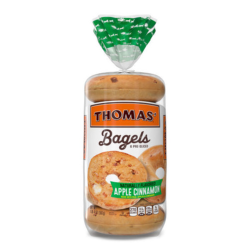 Each package of 6 Thomas' Apple Cinnamon Bagels are classically delicious. Great on their own, or with sandwiches and sweet snacks.