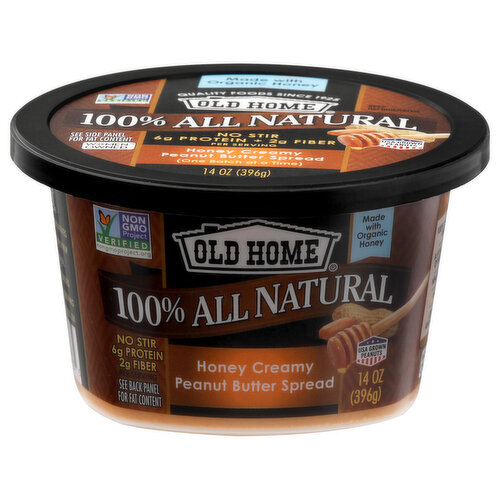 No Stir 6g Protein 2g fiber Per serving. See back panel for fat content. 0mg cholesterol per serving. Made with organic honey. Gluten free. Healthy fats. Vegan. Essential amino acids. No preservatives. No high fructose corn syrup no hydrogenated oil. No palm oil. No molasses. NON-GMO project verified. nongmoproject.org. Quality foods since 1925. See side panel for fat content. (One batch at a time). Enjoy. 100% USA grown peanuts. Women owned. Satisfaction guarantee. USA Grown peanuts. www.OldHomeFoods.com. nongmoproject.org. Awesome recipes at oldhomefoods.com. We value your comments and questions. Please call 1-800-628-8700. A Vital source of nutrients (For more information visit: www.OldHomeFoods.com).