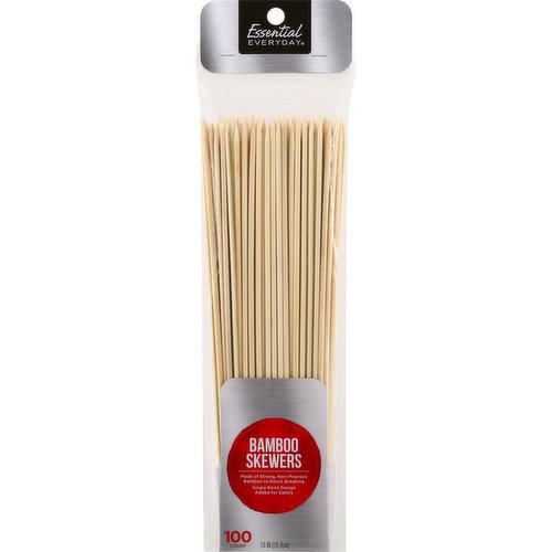 25.4 cm. Made of strong, non-porous bamboo to resist breaking. Single point design added for safety. Great products at a price you'll love-that’s Essential Everyday. Our goal is to provide the products your family wants, at a substantial savings versus comparable brands. We’re so confident that you'll love Essential Everyday, we stand behind our products with a 100% satisfaction guarantee. Single use only. 100% quality guaranteed. Like it or let us make it right. That's our quality promise. 877-932-7948, essentialeveryday.com. essentialeveryday.com. Made in China.