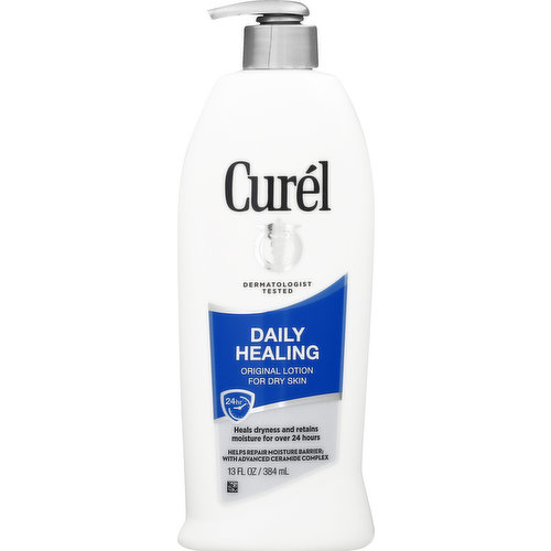 Original lotion for dry skin. Dermatologist tested. Heals dryness and retains moisture for over 24 hours. Helps Repair moisture barrier; with advanced ceramide complex. Ceramides, naturally present in healthy skin, are vital to maintaining the moisture barrier. When ceramides are lost, skin becomes dry and damaged. While traditional lotions only hydrate the skin's surface, Curel moisturizers work at the source of dryness helping replenish skin's ceramide levels. Curel Daily Healing Lotion: Comforts dry skin and leaves it feeling hydrated and balanced. With Advanced Ceramide Complex. Time-released hydration for 24+ hours of continuous relief. Helps restore skin's natural moisture barrier with daily use. Non greasy & fast absorbing. Non-irritating. www.curel.com. Questions or comments? www.curel.com or 1-800-572-2931. Made in USA of US & imported ingredients.