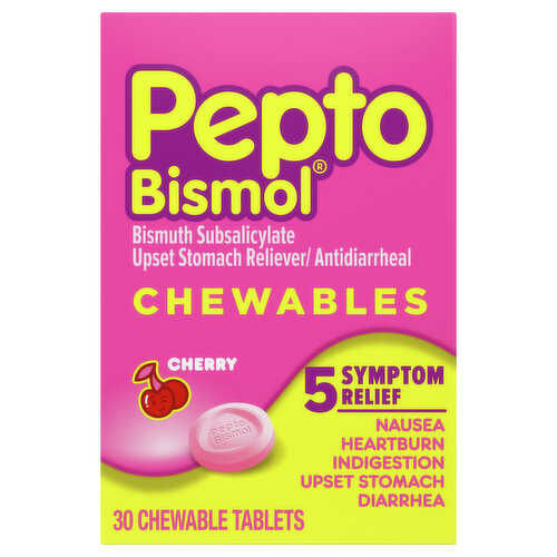 Pepto-Bismol Multi-Symptom Pepto Bismol Chewable Tablets for Nausea, Heartburn, Indigestion, Upset Stomach, Pepto Bismol Cherry Chewables Tablets, Fast Stomach Relief, 30 Countand Diarrhea - 5 Symptom Fast Relief, Cherry Flavor 30 ct