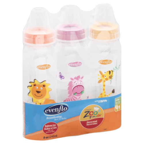 Evenflo Classic Zoo Friends Bottles, Slow Flow, Decorated, 8 oz, 1 0-3 m