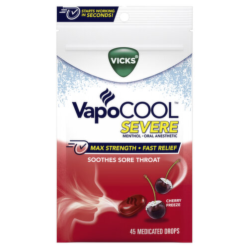 Vicks Severe Vicks VapoCool Severe Medicated Sore Throat Drops, Menthol, Cherry, 45ct