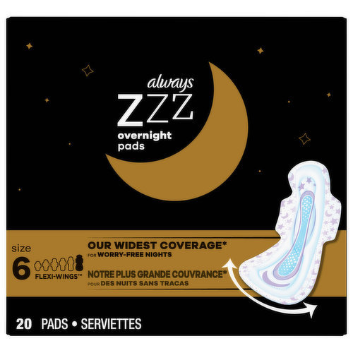 Thoughts of period leaks keeping you up at night? Always ZZZ Overnight Pads have you covered — for worry-free nights, no matter how you sleep. The pads are made specifically for night as they feature double back coverage* and absorb as much as two Always Ultra Thin pads. Plus, the pads come with LeakGuards designed to prevent leaks, including side leaks, so you can stay up to 100% leak free. Always ZZZ Overnight Pads Size 6 Unscented with Wings have an amazingly soft top layer. Catch some Z’s with Always ZZZ Overnight Pads.   * vs. Always Maxi Regular with Wings