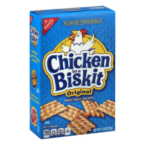 Per 12 Crackers: 160 calories; 0.5 g sat fat (3% DV); 230 mg sodium (10% DV); 2 g sugars. Chicken in a biskit. Flavor originals. Create some fun at snack time! With easy cheese and your favorite Nabisco crackers. This package is sold by weight, not by volume. If it does not appear full when opened, it is because contents have settled during shipping and handling. SmartLabel. Visit us at: snackworks.com or call weekdays: 1-800-622-4726 please have package available. Looking for crackers with a great cheese taste? Try Ritz bits cracker sandwiches or cheese nips. Keep it going. 100% recycled paperboard. Please recycle this carton. Minimum 35% post-consumer content.