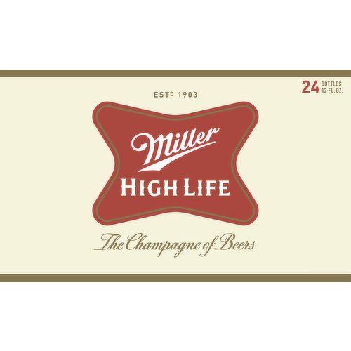 Estd 1903. The champagne of beers. Celebrate responsibly. Corn syrup is used as part of the brewing process only. Miller High Life never uses high fructose corn syrup. Since 1855. For consumer questions call 1-800-Miller6. Please recycle. 4.6% alc./vol.
