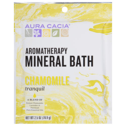 A blend of roman chamomile, lavender & patchouli pure essential oils. Aura Cacia Tranquil Chamomile Aromatherapy Mineral Bath creates a sense of calm and relaxation with the tranquil combination of Roman chamomile lavender and patchouli essential oils.