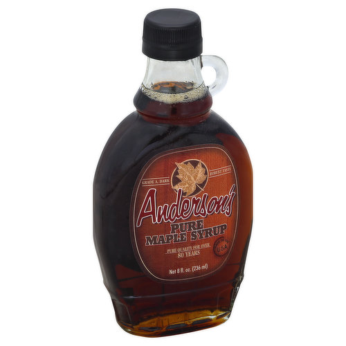 Grade A, dark. Robust taste. Pure quality for over 80 years. This is pure maple syrup. Pure maple syrup means - 100% pure maple syrup made from all natural maple sap and nothing more. Yes, it's that simple. For over 80 years, our family tradition has been to harvest maple sap each spring. We carefully cook it long into the night until all that remains is rich, sweet, pure maple syrup. We bottle it and deliver it to your favorite store for you to purchase and enjoy. Our continuing promise to you and your family is to provide you with the finest pure maple syrup, every time! Please enjoy! - The Anderson Family. www.andersonmaplesyrup.com. Made in the USA.