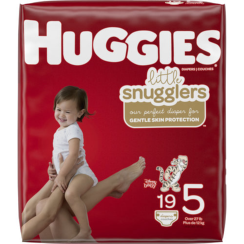 12 kg. Little Snugglers: Our perfect diaper for gentle skin protection. Huggies diapers contain safe, absorbent particles that gel when wet. If you notice a small amount of gel-like material on your baby’s skin, it can be removed with a baby wipe or damp washcloth. huggies.com. how2recycle.info. Questions? 1-800-544-1847. Kimberly-Clark Corp. Dept. HLS5-19, P.O. Box 2020, Neenah, WI 54957-2020 USA. Dispose of properly. how2recycle.info. Made in the USA from domestic and imported material.