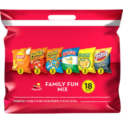 3 Lays cheddar & sour cream flavored potato chips (1 oz. ea.), 3 Cheetos crunchy cheese flavored snacks (1 oz. ea.), 3 Cheetos puffs cheese flavored snacks (7/8 oz. ea.), 3 Ruffles sour cream & onion flavored potato chips (1 oz. ea.), 3 Funyuns Onion flavored rings (3/4 oz, ea.), 3 Fritos flavor twists honey BBQ flavored corn chips (1 oz. ea.).