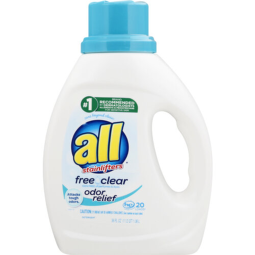20 loads (Contains 20 regular loads as measured to between lines 1 and 2). No. 1 brand recommended by dermatologists allergists & pediatricians for sensitive skin. Care beyond clean. 100% free of perfumes & dyes. Odor relief. Attacks' tough odors. Hypoallergenic. Safe for septic systems. Works effectively, even in cold water. As always, contains no phosphates. www.all-laundry.com. how2recycle.info. Learn more at all-laundry.com. For product ingredients listing, go to www.all-laundry.com or call 1-800-457-8739. Questions? 1-800-457-8739. All includes biodegradable surfactants and the bottle contains 25% or more post-consumer recycled plastic.