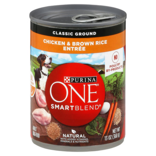 Guaranteed Analysis Calorie Content (Calculated) (ME): 1161 kcal/kg, 429 kcal/can. Purina One SmartBlend Chicken & Brown Rice Entree Adult Classic Ground is formulated is meet the nutritional levels established by the AAFCO Dog Food Nutrient Profiles for maintenance of adult dogs.
