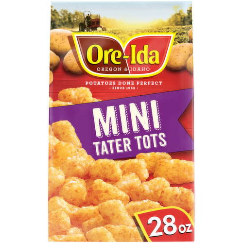 Ore-Ida Mini TATER TOT potatoes make it easy to enjoy a quick, easy potato side dish at home. Crispy and golden, these mini tots are made from freshly peeled, American grown potatoes that are shredded and seasoned. These gluten free frozen tots offer a crispy outside with a soft inside for the perfect blend of textures to make your next family meal a success. Toss TATER TOTS potatoes on a baking sheet to cook them in the oven according to package instructions for perfectly crispy results. A classic potato option, these oven baked tots are perfect as a side dish or in a casserole. TATER TOTS potatoes come sealed in a 28 ounce bag to help lock in flavor. Your family deserves the highest quality.
