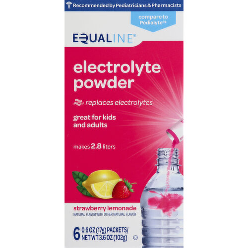 Natural flavor with other natural flavor. One liter of reconstituted Equaline Electrolyte Powder (about two 17 g packets) provides: 45 mEq sodium; 20 mEq potassium; 35 mEq chloride. Makes 2.8 liters. Great for kids and adults. Recommended by pediatricians & pharmacists. Compare to Pedialyte (This product is not manufactured or distributed by Abbott Laboratories, owner of the registered trademark Pedialyte). Replaces electrolytes. Designed for fast, effective rehydration. Equaline Electrolyte Powder quickly replenishes fluids and electrolytes to help prevent dehydration (for mild to moderate dehydration) due to: vomiting & diarrhea; intense exercise; heat exhaustion; travel. No fruit juice. supervaluprivatebrands.com. Questions or comments? 1-877-932-7948.