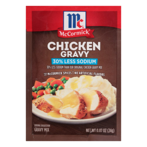 No artificial flavors 30% less sodium. 30% less sodium than our original chicken gravy mix. This product contain 210 mg of sodium, our original chicken gravy mix contains 320 mg sodium per serving. Made with McCormick spices. No MSG added (Except those naturally occurring glutamate). mccormick.com. For recipes, visit www.mccormick.com. Questions? Call 1-800-632-5847. Visit mccormick.com for Perfect Chicken Gravy and Creamy Country Chicken with Vegetables recipes. Packed in USA.