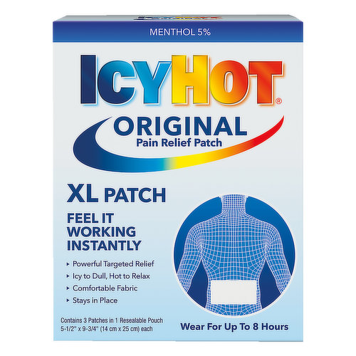 5-1/2 inches x 9 -3/4 inches (14 cm x 25 cm) each. Menthol 5%. Feel it working instantly. Powerful targeted relief. Icy to dull, hot relax. Comfortable fabric. Stays in place. Wear for up to 8 hours. Targeted Relief for: Simple backache. Muscle strains. Arthritis. Bruises. www.icyhot.com.  Recyclable carton. Made in Japan.