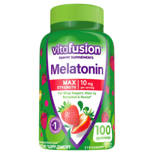 For sleep support, wake up refreshed & rested. America's no. 1 gummy vitamin brand. Helps regulate sleep cycle. New look. Melatonin max strength gummies are a yummy way to help regulate your sleep cycle or help with jet lag. These are formulated to provide 10mg of melatonin per serving with a delicious and natural strawberry flavor. Get your beauty sleep and wake up feeling refreshed. No high fructose corn syrup. No synthetic FD&C dyes. Our Commitment: Green-e Certified Renewable Energy: Manufactured with 100% certified renewable energy. Growing communities with fruitful planting. We believe in holistic wellness and realize it's more than just taking vitamins. That's why we support the Fruit Tree Planting Foundation and together have planted more than 200,000 fruit trees in underserved communities. Join our mission vitafusion.com.