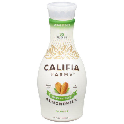 Califia Farms pronounced cal-uh-fee-ahh. Just like our California home, we're named after the legend of Queen Califia. We know you use almond milk in lots of different ways, and that's why we keep it simple our unsweetened almond milk gives you the goods, without the extras. Made with whole ingredients expertly crafted into a deliciously dairy-free almond milk. Always plant-based. Remove label to recycle.