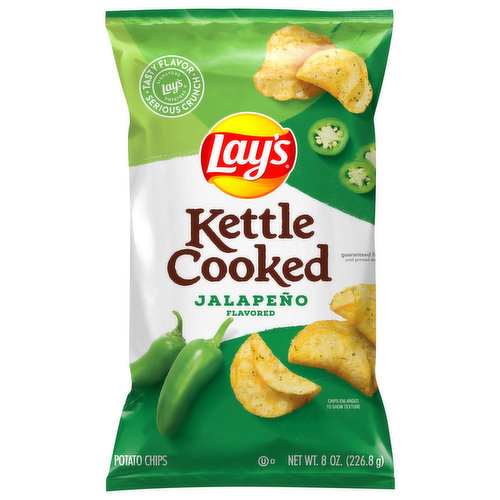Lay’s signature potatoes. Tasty flavor. Serious crunch. Spicy crunch. No preservatives.