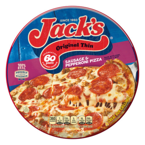 Made with pork, chicken & beef. Per 1/3 Pizza: 360 calories; 7 g sat fat (35%DV); 720 mg sodium (31%DV); 5 g total sugars; 16 g protein (23%DV); 250 mg calcium (20%DV). See nutrition information for total fat, sat fat & sodium content. Nutritional Compass. Nestle - Good food, good life. Thoughtful Portion: Pair one portion of Jack’s pizza with a delicious salad and a glass of water. 1 portion = 1/3 of pizza. Good to Know: Jack’s pizza supports Wisconsin Dairy Farmers by using 100% Real Wisconsin Cheese. Good to Connect: Visit jackspizza.com or nestleusa.com. Text or call us at 1-800-213-1975 anytime. Since 1960. Celebrating 60 years. A Midwest favorite. 100% Real. Proudly cheese Wisconsin. Preservative free crust. Great for grilling! Nutritional Compass. Nestle - Good food, good life. Good to Know: Jack’s pizza supports Wisconsin Dairy Farmers by using 100% Real Wisconsin Cheese. U.S. inspected and passed by Department of Agriculture. jackspizza.com. nestleusa.com. www.jacksgrilling.com. SmartLabel: Scan for more info. For details visit www.jacksgrilling.com. Please have package available when you call.