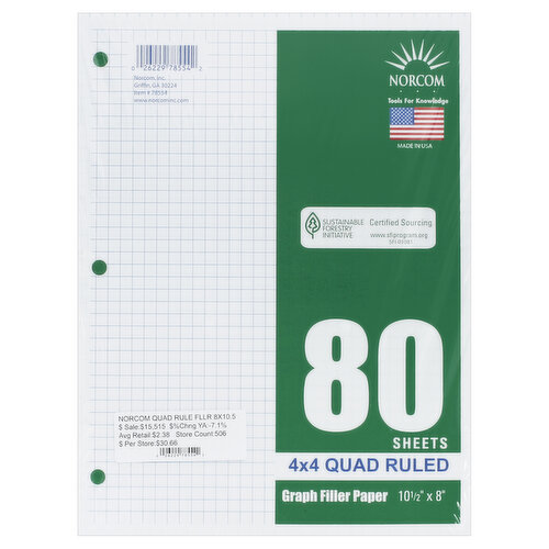 Norcom Filler Paper, Graph, 4 x 4 Quad Ruled