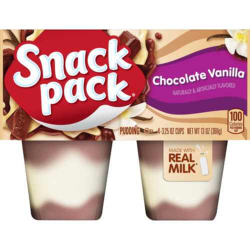 Naturally & artificially flavored. 100 calories per pudding cup. 0 g trans fat per serving. Gluten free. Made with real milk (Made with nonfat milk). Mmm - delicious. No artificial growth hormones used (No significant difference has been shown between milk derived from rBST-treated cows and non-rBST treated cows). No high fructose corn syrup. No preservatives. www.snackpack.com. how2recycle.info. SmartLabel: Scan for more food information. Questions or comments, visit us at www.snackpack.com or call Mon.-Fri., 1-800-457-4178 (except national holidays). Please have entire package available when you call so we may gather information off the label.