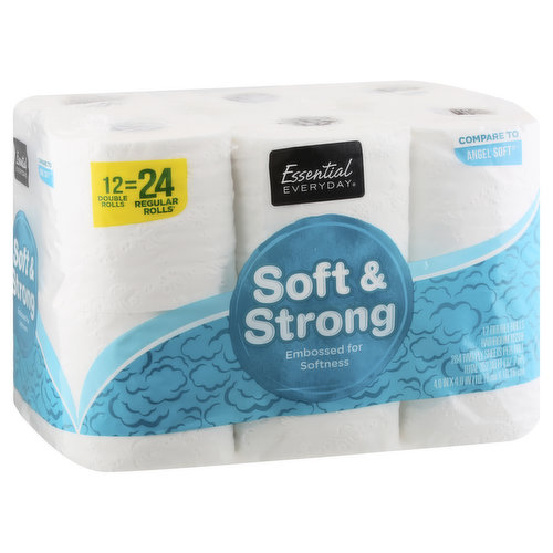 264 two-ply sheets per roll. Total 352 sq ft (32.7 sq m). 4.0 in x 4.0 in (10.16 cm x 10.16 cm). 12 double rolls = 24 regular rolls (Based on a regular-sized roll with 132 sheets). Compare to Angel Soft (Angel Soft is a registered trademark of the Georgia Pacific Consumer Products LP. This product is not manufactured or made under the authorization of Georgia Pacific Consumer Products LP or one of its subsidiaries). Embossed for softness. Great products at a price you'll love - that's Essential Everyday. Our goal is to provide the products your family wants, at a substantial savings versus comparable brands. We're so confident that you'll love Essential Everyday, we stand behind our products with a 100% satisfaction guarantee. Essential Everyday bathroom tissue contains no inks, dyes or perfumes. Safe for septic and sewer systems. Septic safe. 100% quality guaranteed. Like it or let us make it right. That's our quality promise. essentialeveryday.com. For more information, call toll-free 1-877-932-7948. Sustainable Forestry Initiative: Certified Sourcing. www.sfiprogram.org. Made in USA from domestic and imported materials.