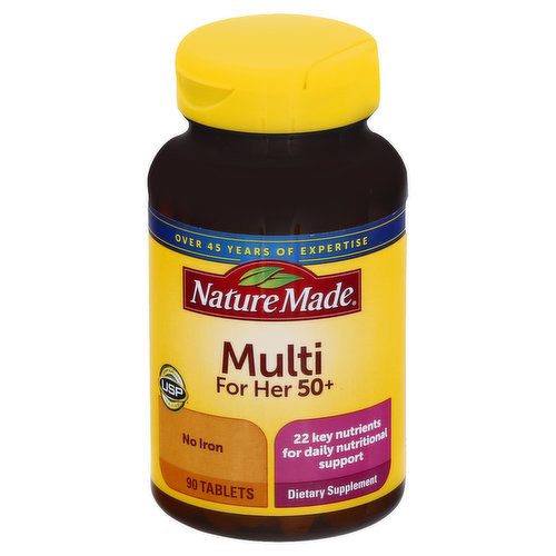 Dietary Supplement. List No. 1796. L600. USP dietary supplement verified. USP has tested and verified ingredients, potency and manufacturing process. USP sets official standards for dietary supplements. www.uspverified.org. No artificial flavors. Gluten free. No iron. 22 key nutrients for daily nutritional support. Over 45 years of expertise. No color added. www.NatureMade.com.
