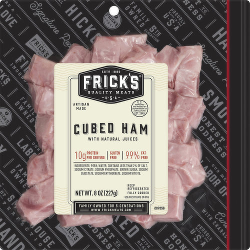 10 g protein per serving. Gluten free. 99% fat free. Est 1896. Artisan made. Family owned for 5 generations. Fully cooked. US inspected and passed by Department of Agriculture. www.frickmeats.com. Resealable. Proudly made in USA.