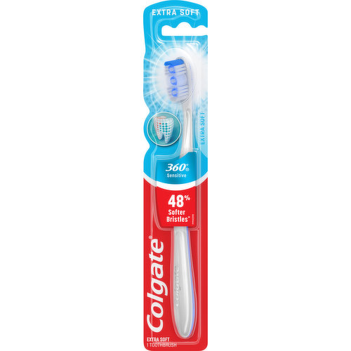 360 degrees sensitive. 48% softer bristles (vs. an ordinary soft manual toothbrush). Gentle cleaning bristles for sensitive teeth and gums. Cheek and tongue cleaner comfortably removes odor-causing bacteria. Cleans: teeth, tongue. cheeks. Gums.  www.colgate.com. how2recycle.info. Questions? US: 1-800-468-6502. www.colgate.com. 1 billion + children educated on oral health globally. Learn more at www.colgate.com. Working towards a zero waste future. Save water. 89% recycled paperboard backercard.  Made in Switzerland.