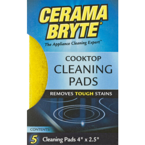 4 in x 2.5 in. The appliance cleaning expert. Removes tough stains. Will not scratch - safe non-woven fibers. Easy to use - not bulky or messy. rinse clean. Safe to use - use only on cooktop to eliminate the chance of picking up dirt from other uses which could scratch cooktop. When dirty, throw away and use a new pad. No. 1 trusted brand. Safe for all glass-ceramic cooktops. Right-sized cleaning pads designed for maximum cleaning efficiency. CeramaBryte.com. Questions or comments? Call: 1-800-578-4663. Carton made from 100% recycled fibers. Minimum 35% post-consumer content. Made in the USA.