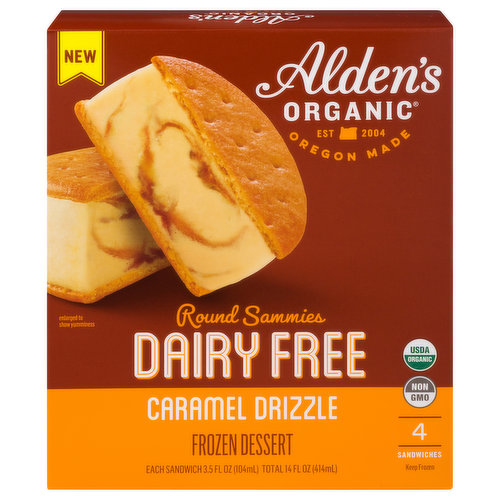 Aldens Organic Frozen Dessert, Dairy Free, Caramel Drizzle, Round Sammies