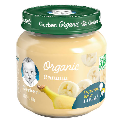USDA Organic. Certified Organic by Oregon Tilth. Non GMO Project verified. nongmoproject.org. Supported sitter. Gerber.com. We're awake when you are: 1-800-4-Gerber. Gerber.com. Made with bananas from Ecuador.