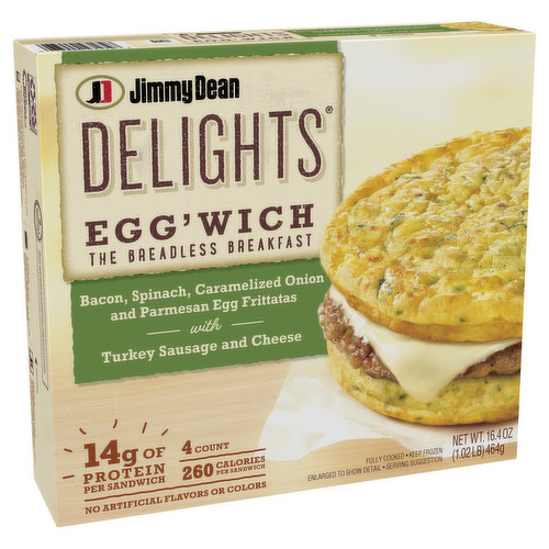 Bring power to your mornings without all of the bread and carbs! Jimmy Dean Delights Bacon, Spinach, Onion Egg'wich showcase savory turkey sausage and cheese layered between two egg frittatas flecked with bacon, spinach and parmesan. With 14 grams of protein per serving and only 8 grams of carbohydrates, it's a sensible on-the-go breakfast packed with protein. Simple to prepare and ready in minutes, our egg'wich is made with premium ingredients and the Jimmy Dean quality you know and trust. Simply heat and go. One package includes 4 Bacon, Spinach, Onion Egg'wich sandwiches. Jimmy Dean once said, 'Sausage is a great deal like life. You get out of it what you put in.' Which pretty much sums up his magic formula for having a great day. Today, Jimmy Dean Brand brings you many ways to add some sunshine to your morning. Because today's your day to shine on.