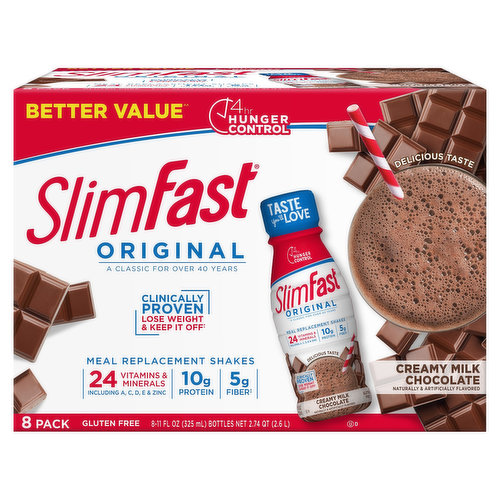 Best value (Compare to the price of a 4-pack). 4hr hunger control. Meal. The Clinically proven lose weight & keep it off! (When used as part of the SlimFast plan. Individual results may vary). Taste you'll love. Delicious taste. A Classic for over 40 years. Nobody gives you more ways to lose weight than SlimFast. SlimFast Original: A taste you'll love, guaranteed. Original Formula: A classic for over 40 years, bringing you the taste you'll love. Specially formulated meal replacement ready-to-drink shakes for home, work, or on-the-go. 10g of protein; 5g of fiber (Contains 6g total fat per serving) and 24 vitamins and minerals. Hunger control for 4 hours, satisfies you between meals.