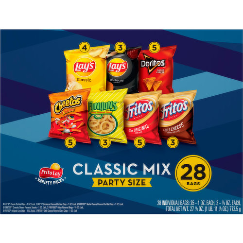 4 Lay's Classic Potato Chips - 1 oz ea., 3 Lay's Barbecue Flavored Chips - 1 oz ea, 5 Doritos Nacho Cheese Flavored Tortilla Chips - 1 oz, 5 Cheetos Crunchy Cheese Flavored Snacks - 1 oz ea, 3 Funyuns Onion Flavored Rings - 3/4 oz. ea, 5 Fritos Original Corn Chips - 1 oz ea, 3 Fritos Chili Cheese Flavored Corn Chips - 1 oz. ea. Individual bags.  fritolay.com. SmartLabel: Scan for more food information or call 1-800-352-4477. Questions or Comments? 1-800-352-4477. Weekdays 9:00 am to 4:30 pm Central Time. Please provide produce name, bag size and date for each package. Visit our website (at) fritolay.com.