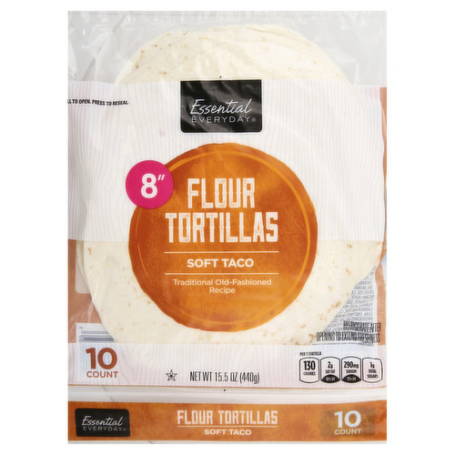 Traditional old-fashioned recipe. Per 1 Tortilla: 130 calories; 2 g sat fat (10% DV); 290 mg sodium (13% DV); 1 g total sugars. Great products at a price you'll love - that's Essential Everyday. Our goal is to provide the products your family wants, at a substantial savings versus comparable brands. We're so confident that you'll love Essential Everyday, we stand behind our product with 100% satisfaction guarantee. 100% quality guaranteed. Like it or let us make it right. That's our quality promise. 877-932-7948; essentialeveryday.com.
